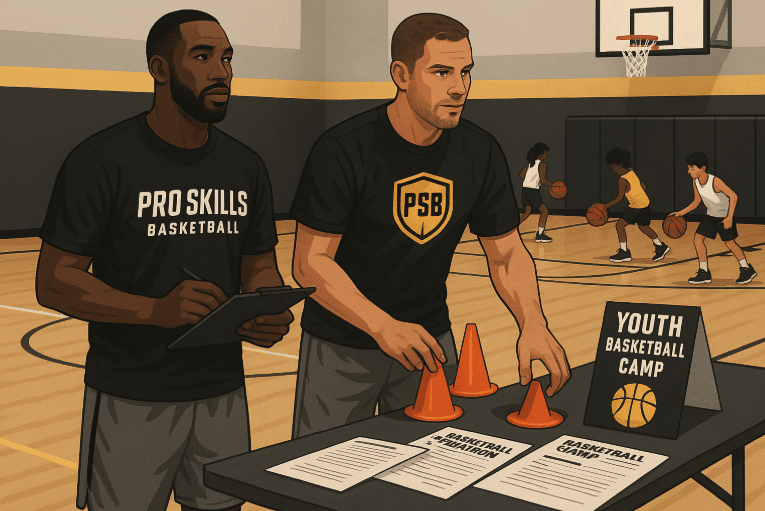 Two former pro basketball players set up a youth basketball camp in a gym with kids dribbling in the background and registration flyers on a table.